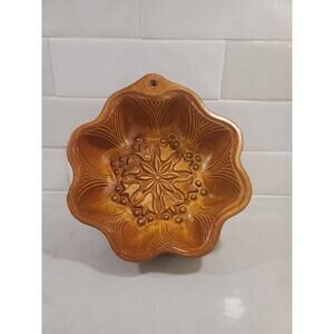 Vintage French Terracotta Cake Mold - Amber Glazed Earthenware Snowflake Floral